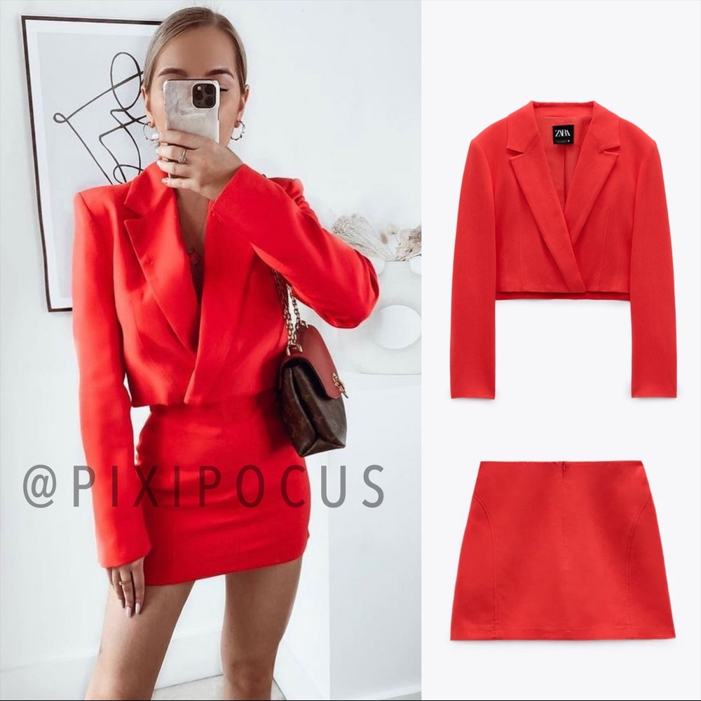 ZARA 2 PIECE LINEN BLAZER + SKIRT SET RED S